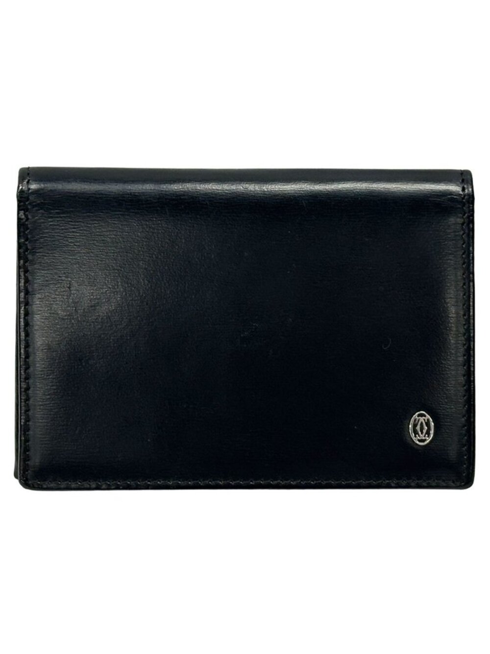 Cartier Card Case Pasha Leather Black Silver Simple Business